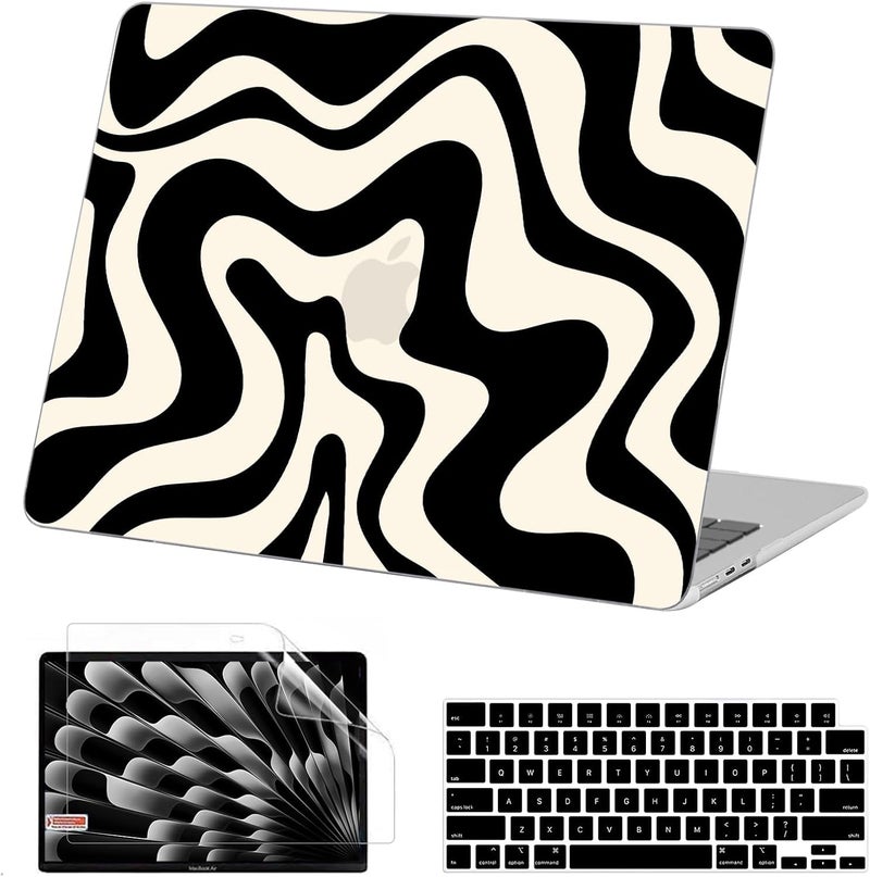 AKIT Compatible with MacBook Air 13 inch Case 2026 2025 2024-2022 M4 M3 M2 A3240 A3113 A2681, Pattern Hard Shell Laptop Case+Screen Protector+Keyboard Cover for MacBook Air 13.6 inch, Black Wave - Image 1